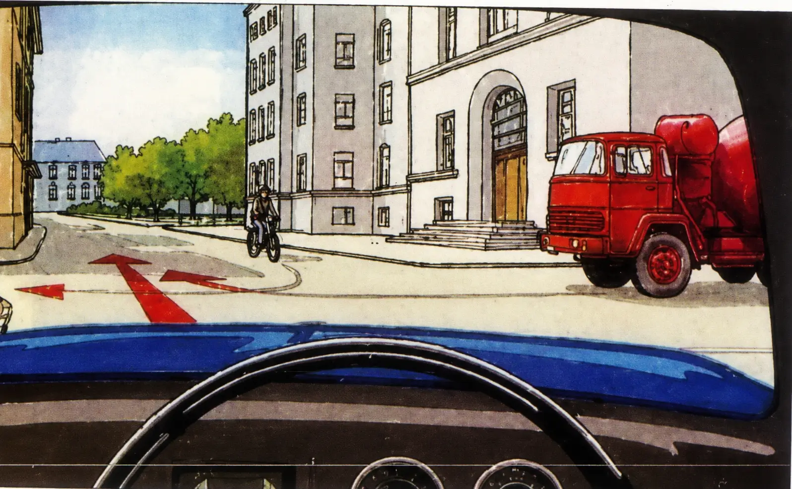 Driver's view intending to proceed ahead at a junction with a red truck on the right going to the left and a cyclist ahead also turning left